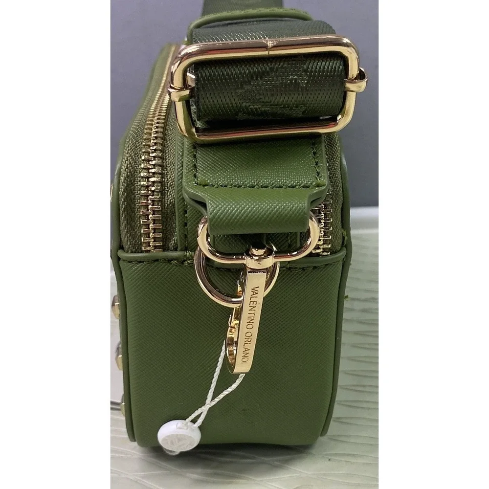 Valentino Orlandi Forest Green  Gold Studs Crossbody Purse Camera Bag 4.25x7x2.5